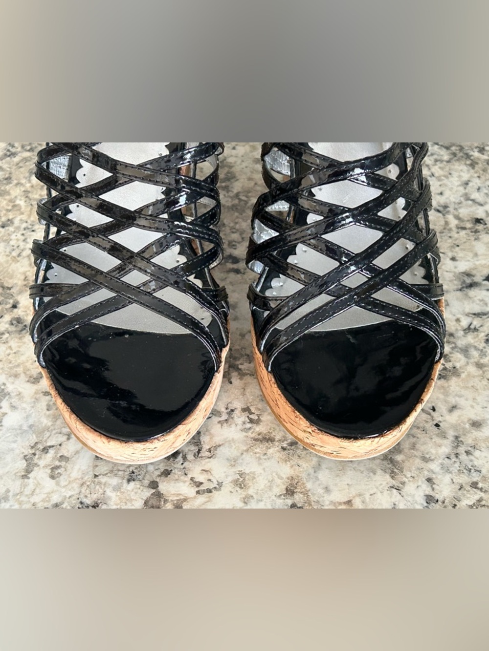 Rampage Black Patent Strappy Wedge Sandals Cork Platform Heel Size 8 Y2K - Picture 6 of 10